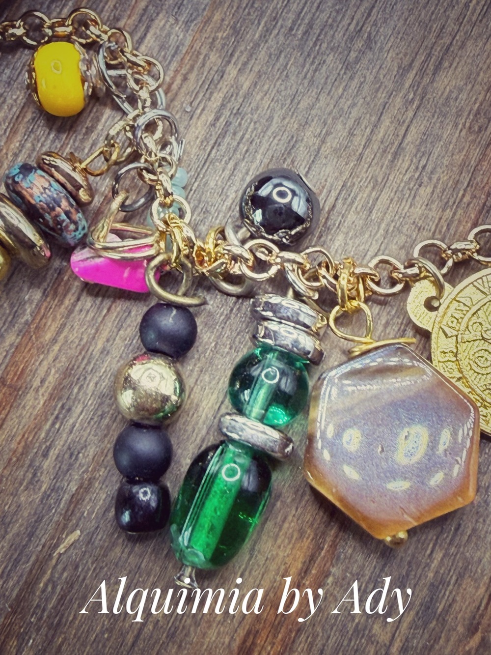 Tiger’s eye Multicolor Charm Bracelet with Green, Black and Pink Accents